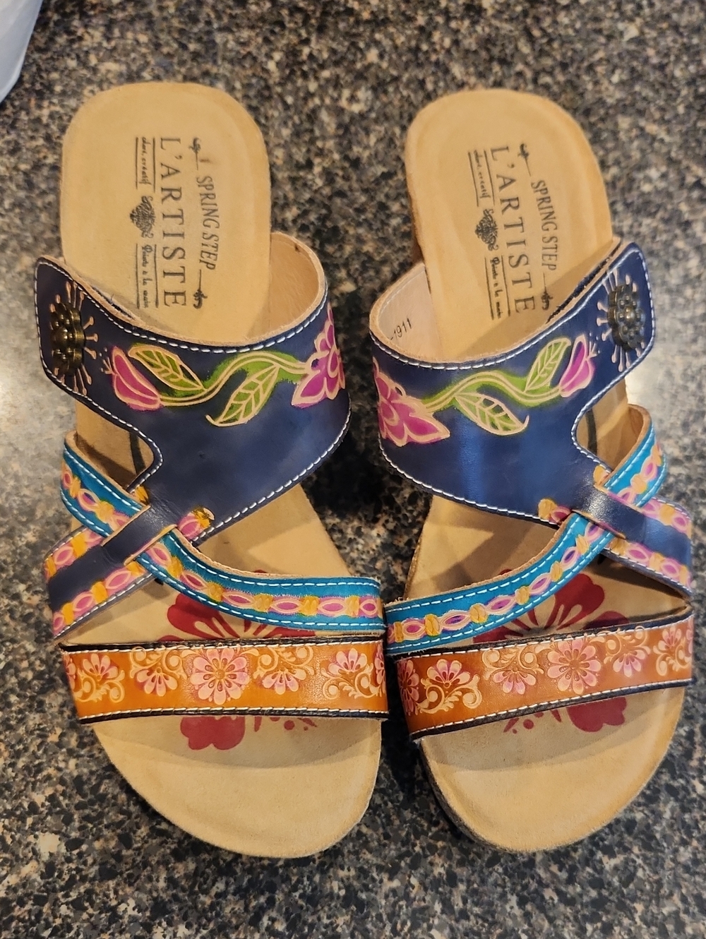 Spring Step L'Artiste Navy & Multi Floral Swan Leather Slide Sandals Size 8